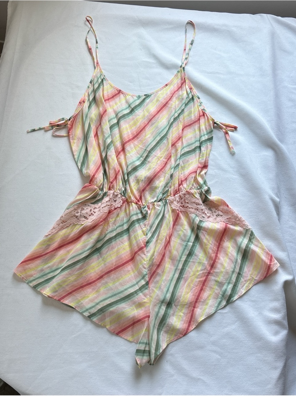 Victoria’s Secret NWT Pastel Striped Lace-Trim Romper with Spaghetti Straps M